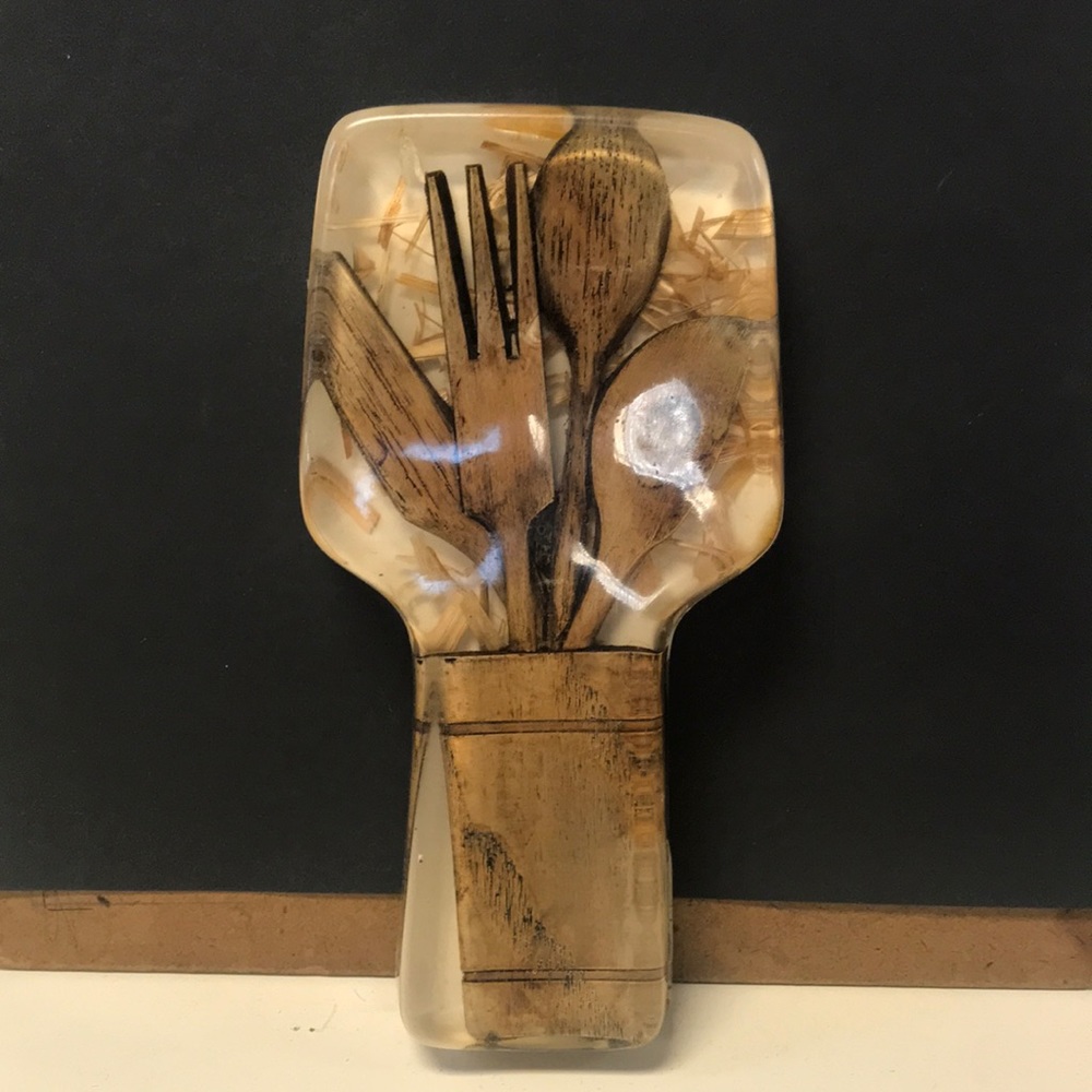VTG (70s) Acrylic Lucite Spoon Rest w/ Wooden Fork & Spoon Inlay‎